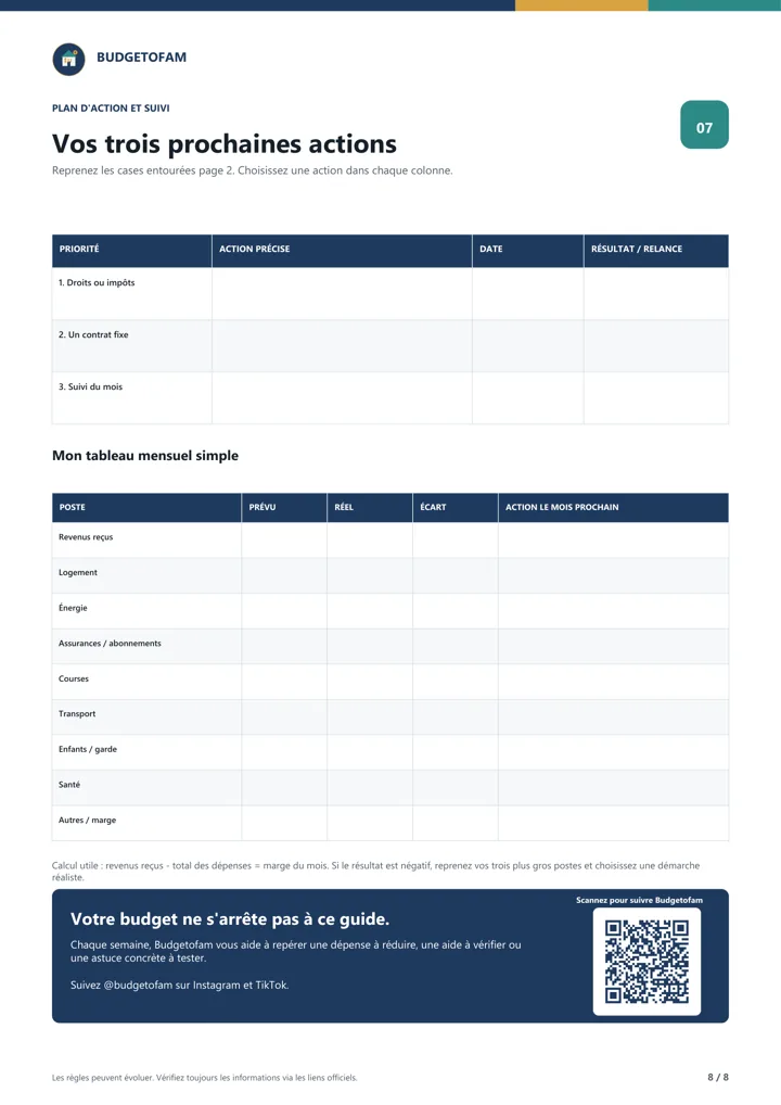 Plan d’action et tableau mensuel du guide